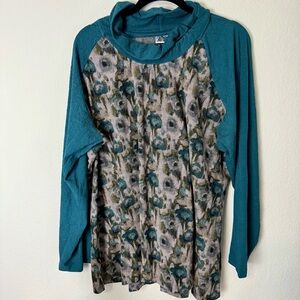 Parsley & Sage Teal and Gray Artistic Hoodie cotton blend mock neck